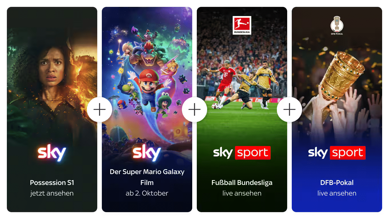 Serien, Filme, Bundesliga und DFB-Pokal als Beispiele für das Sky-Komplettpaket