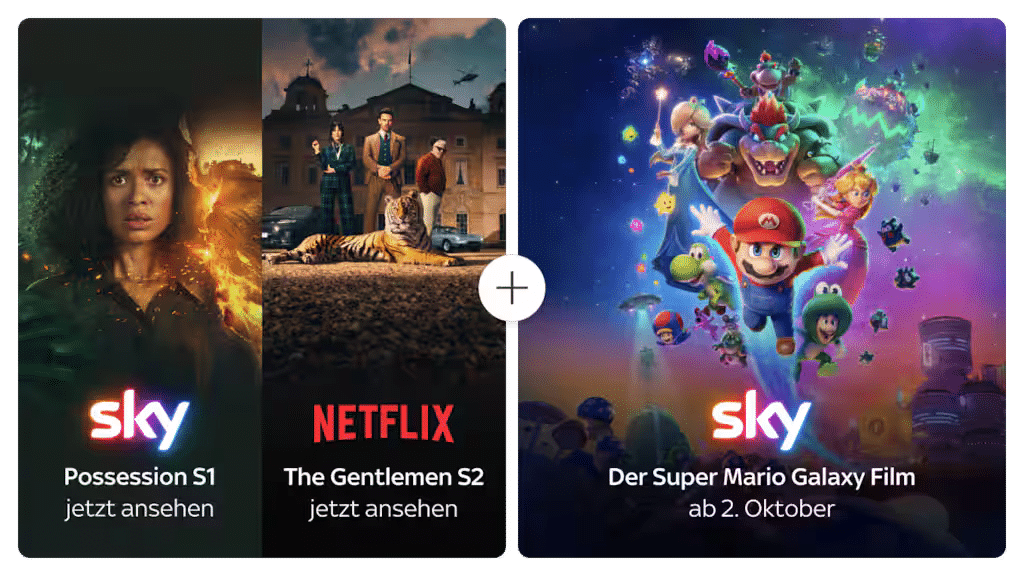 Possession, The Gentlemen und Der Super Mario Galaxy Film als Beispiele für Sky, Netflix und Cinema